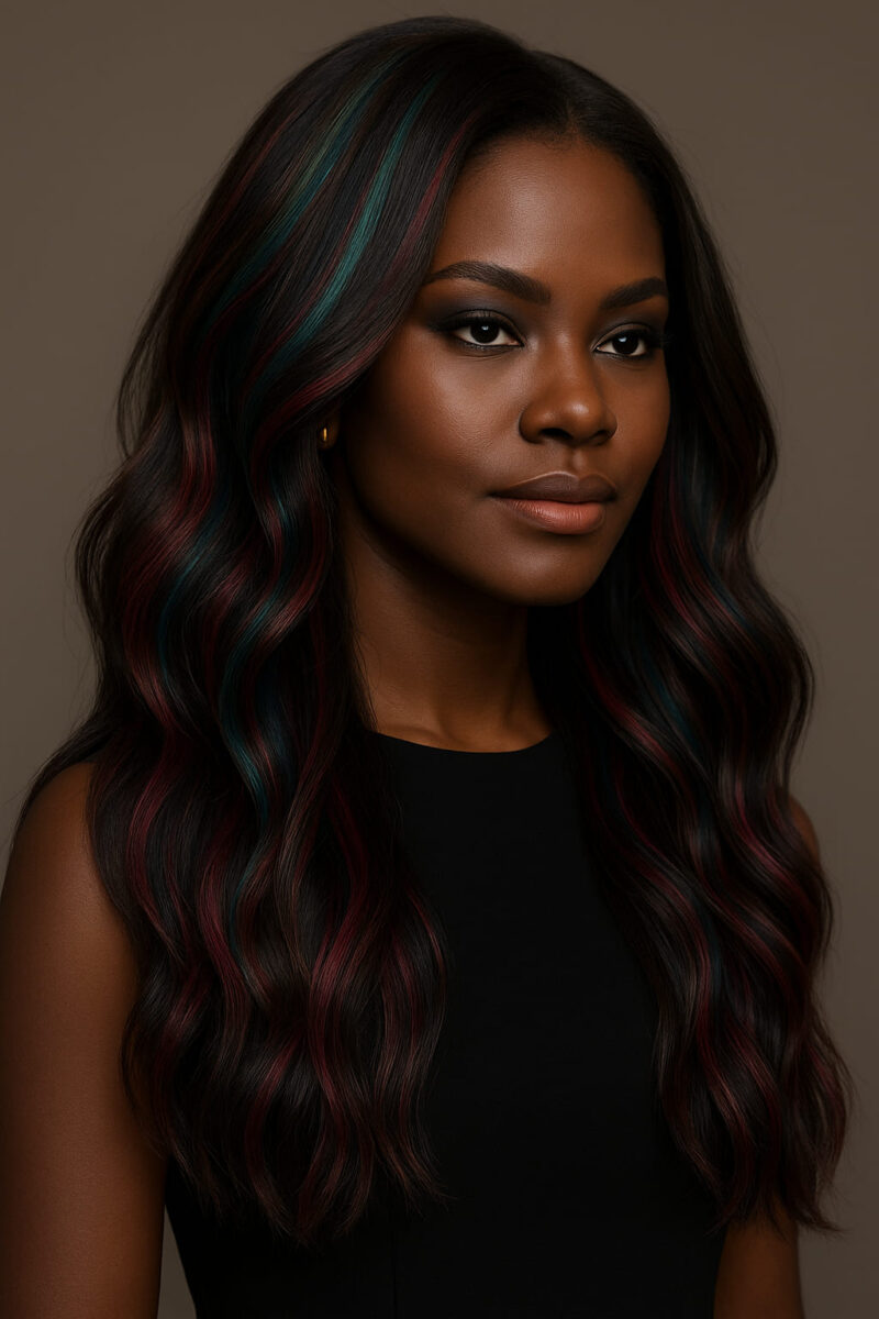 Isoba™ – Rubans Bordeaux Émeraude – Longue Vague Fluide – Cheveux Indiens Bruts Premium
