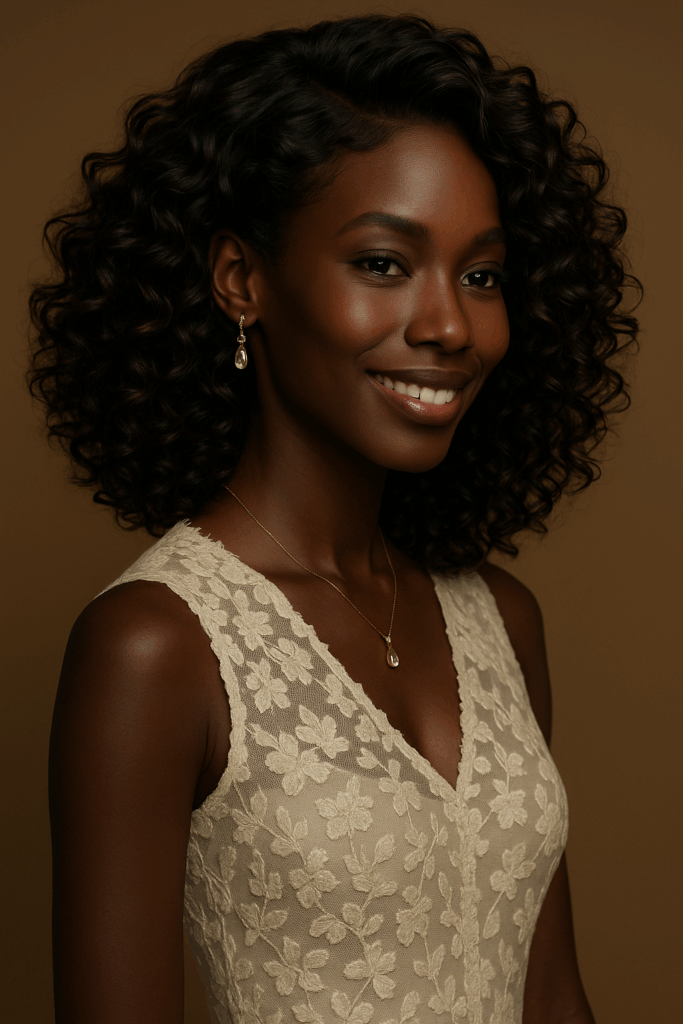 Chinara™ – Noir Précieux – Lob Bouclé Mi-Long – Cheveux Indiens