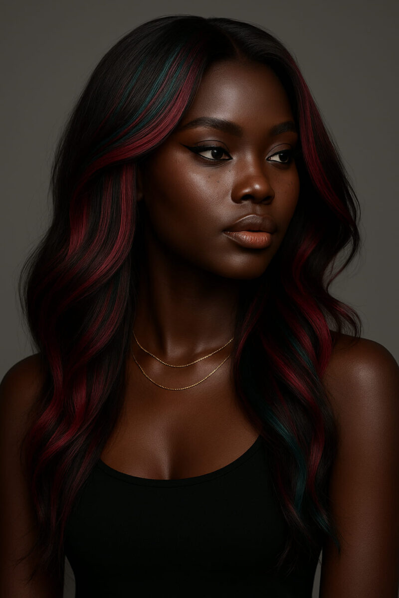Isoba™ – Rubans Bordeaux Émeraude – Longue Vague Fluide – Cheveux Indiens Bruts Premium