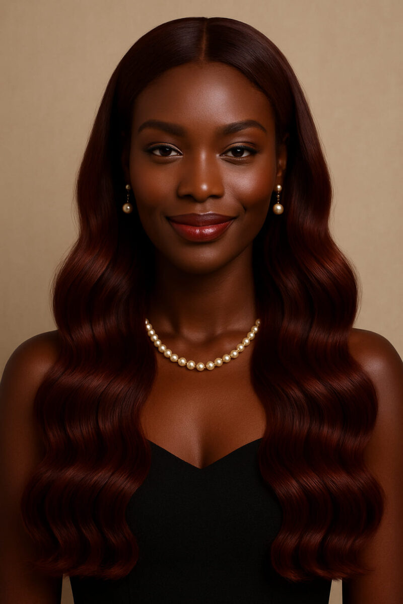 Dominante, NAYA ÉLÉGANCE – 13×4 Lace Frontal HD sans colle – Coupe Structurée Élégante Avec Vagues Sculptées – Acajou Profond™