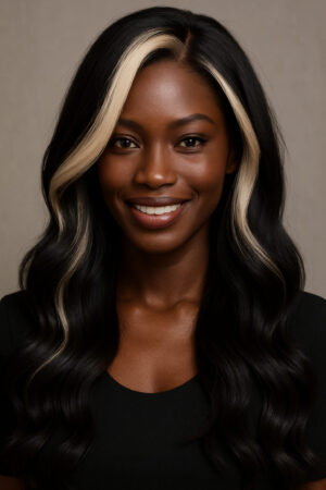 Éclipse – NAYA ÉLÉGANCE – 13×4 Lace Frontal HD sans colle – Ondulation Longue Fluidité Sculptée Noir & Blanc Contrasté Haute Couture