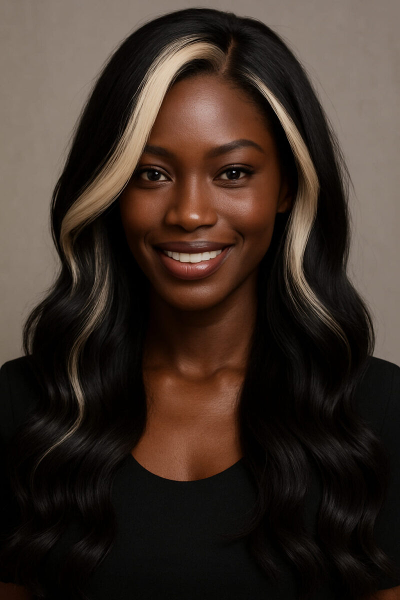 Éclipse – NAYA ÉLÉGANCE – 13×4 Lace Frontal HD sans colle – Ondulation Longue Fluidité Sculptée Noir & Blanc Contrasté Haute Couture