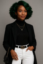 Nyasha™ – Vert Émeraude Couture – Bob Bouclé Mi-Court – Cheveux Indiens