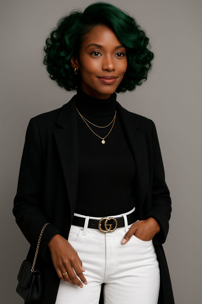 Nyasha™ – Vert Émeraude Couture – Bob Bouclé Mi-Court – Cheveux Indiens