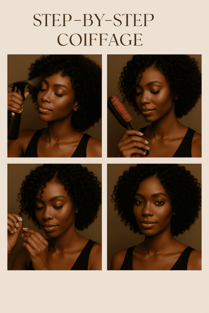 Moodboard entretien  Composition esthétique avec :  Shampooing premium (SheaMoisture, Kérastase)  Leave-in hydratant  Spray maison (bouteille transparente chic)  Peigne dents larges en bois  Pochette satin NAYA  Objectif : transmettre l’univers luxe & soin.