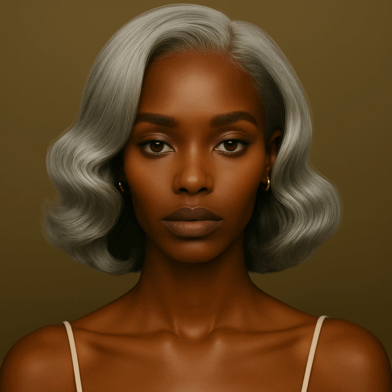 Amira™ – Argent Impérial™ – Carré Ondulé Rétro Élégant – 13×4 Lace Frontal HD Sans Colle – Cheveux Indiens Bruts Premium