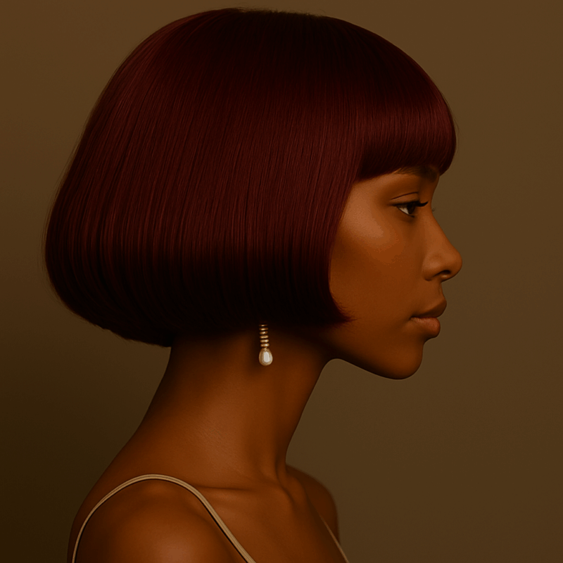 Naïra™ – Rouge Élégance™ – Carré Structuré avec Frange – 13×4 Lace Frontal HD Sans Colle – Cheveux Indiens Bruts Premium