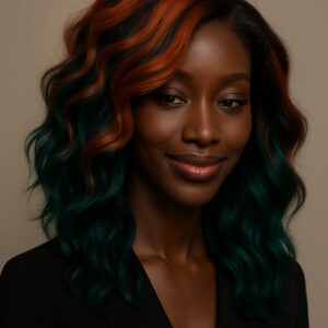 Morowa™ – Cuivre & Émeraude Audacieux – Lob Ondulé Bicolore – Cheveux Indiens Bruts Premium