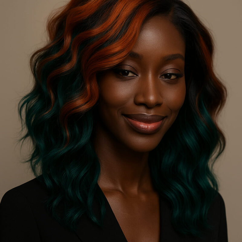 Morowa™ – Cuivre & Émeraude Audacieux – Lob Ondulé Bicolore – Cheveux Indiens Bruts Premium