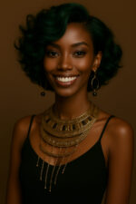 Nyasha™ – Vert Émeraude Couture – Bob Bouclé Mi-Court – Cheveux Indiens