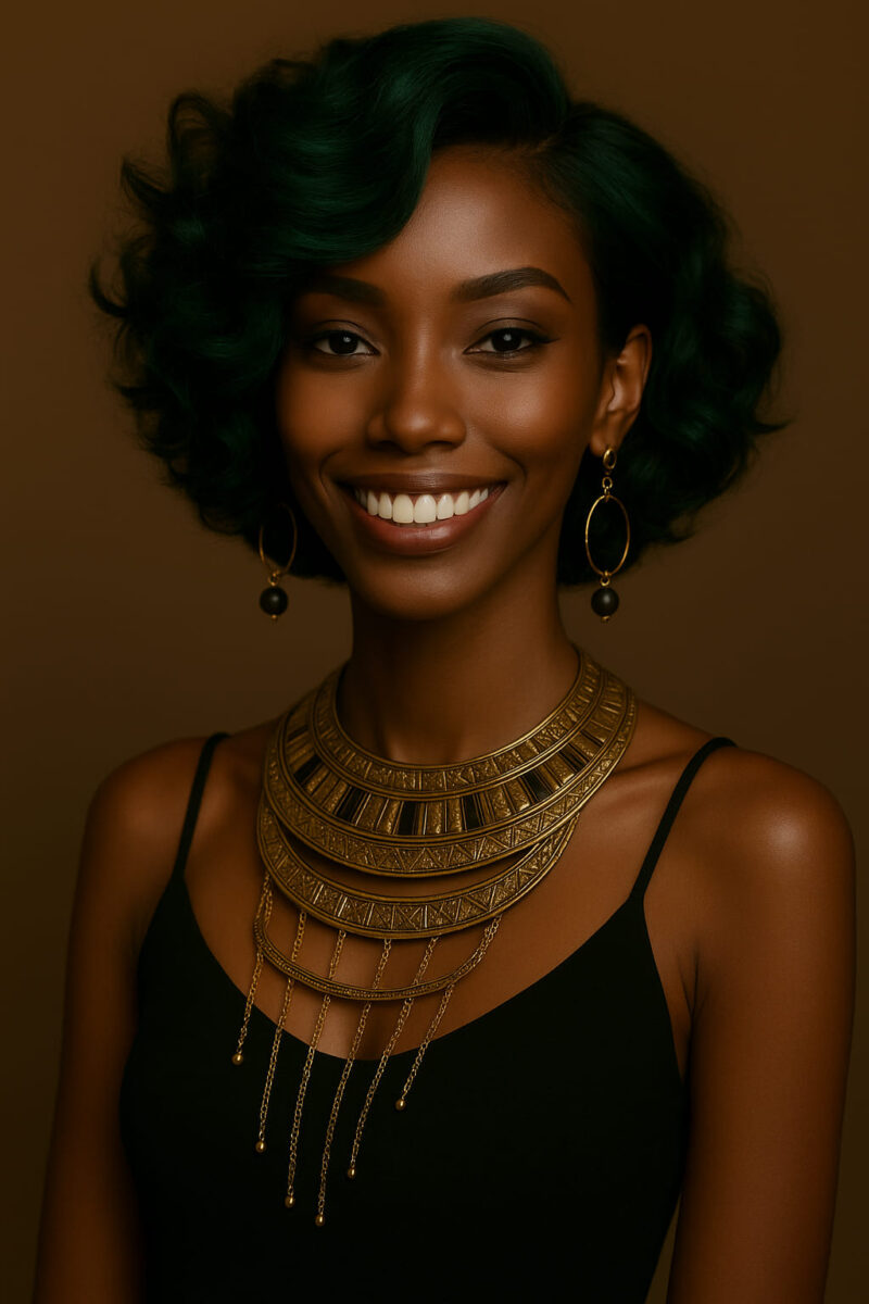 Nyasha™ – Vert Émeraude Couture – Bob Bouclé Mi-Court – Cheveux Indiens