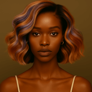Amira™ – Cuivre Indigo™ – Carré Ondulé Rétro Élégant – 13×4 Lace Frontal HD Sans Colle – Cheveux Indiens Bruts Premium