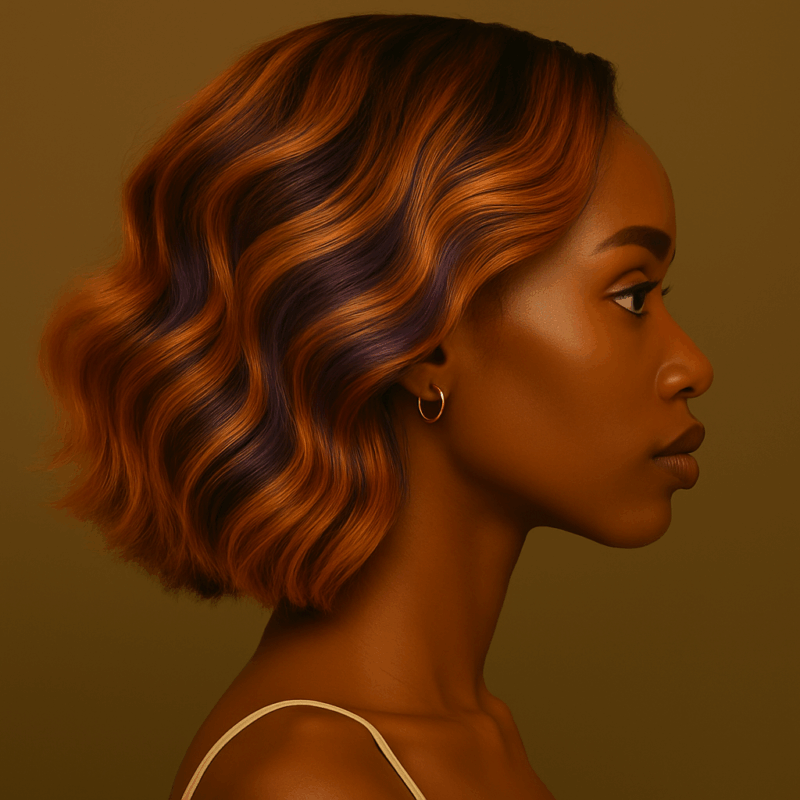 Amira™ – Cuivre Indigo™ – Carré Ondulé Rétro Élégant – 13×4 Lace Frontal HD Sans Colle – Cheveux Indiens Bruts Premium