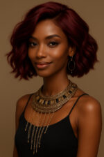 Ayira™ – Bordeaux Élégant – Carré Ondulé Mi-Court – Cheveux Indiens Bruts Premium
