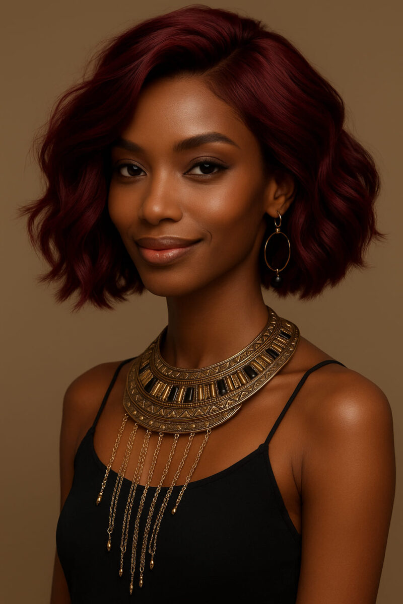 Ayira™ – Bordeaux Élégant – Carré Ondulé Mi-Court – Cheveux Indiens Bruts Premium