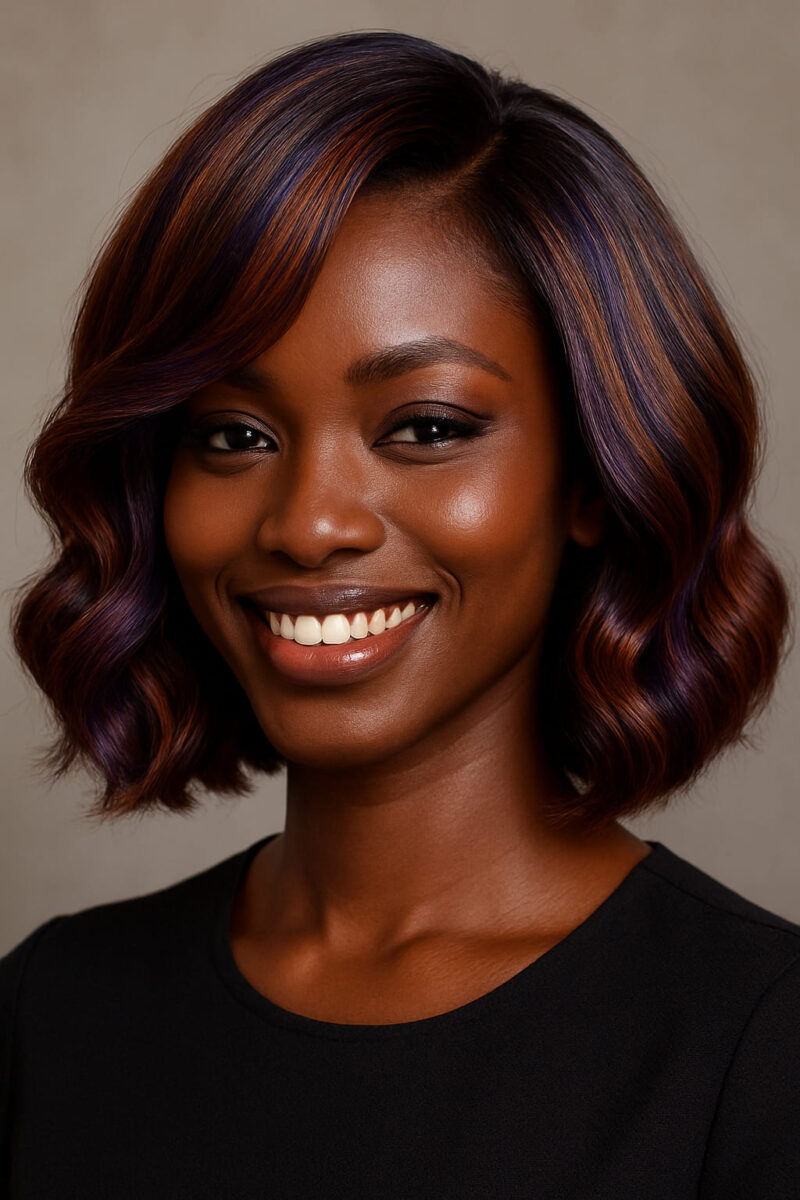 Amira™ – Cuivre Indigo™ – Carré Ondulé Rétro Élégant – Épaissit les visages très fins – Cheveux naturels indiens