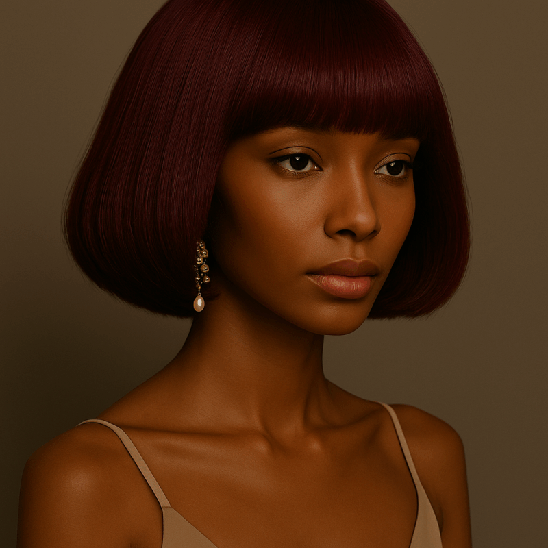 Naïra™ – Rouge Élégance™ – Carré Structuré avec Frange – 13×4 Lace Frontal HD Sans Colle – Cheveux Indiens Bruts Premium