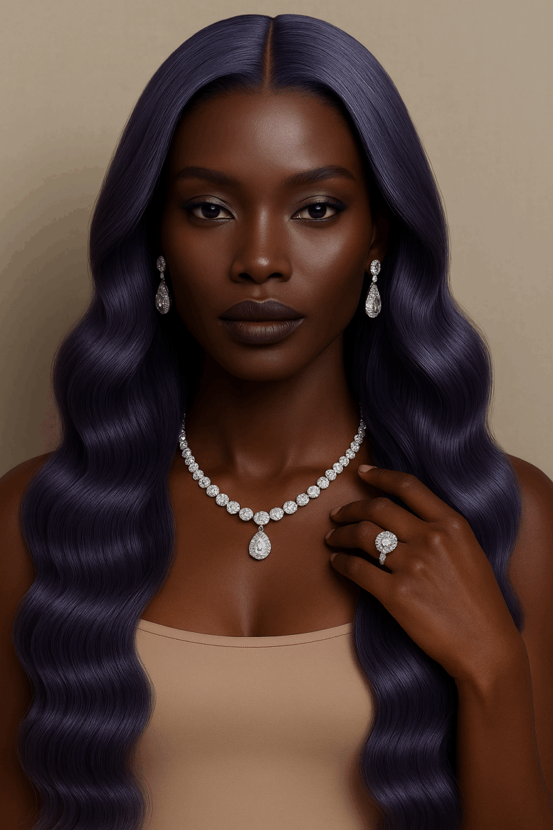 Neriah™ – Violet Améthyste Élégant – Longue Ondulation Sculptée – Allonge et affine les visages ronds – Cheveux naturels indiens