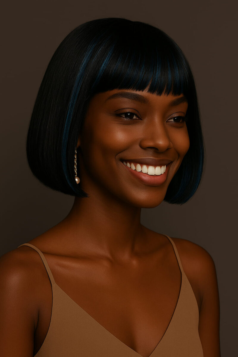 Nayelle™ – Bleu Intense™ – Bob Frangé Haute Couture – Cheveux Indiens Bruts Premium – Perruque Glueless HD