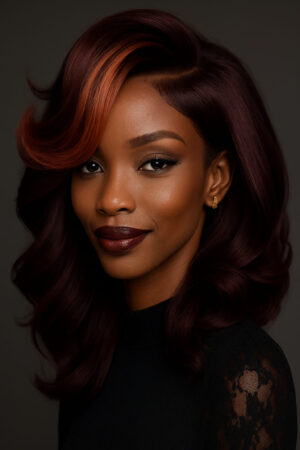 Zinhle™ – Bordeaux Royal Cuivré – Lob Structuré Mi-Long – Cheveux Indiens