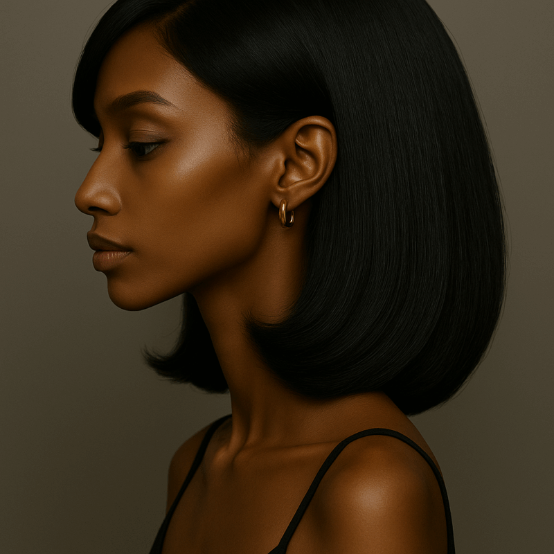 Cléa™ – Noir Absolu™ – Carré Lisse Élégant – 13×4 Lace Frontal HD Sans Colle – Cheveux Indiens Bruts Premium