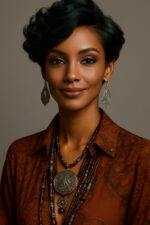 Nyasha™ – Vert Émeraude Couture – Bob Bouclé Mi-Court – Cheveux Indiens
