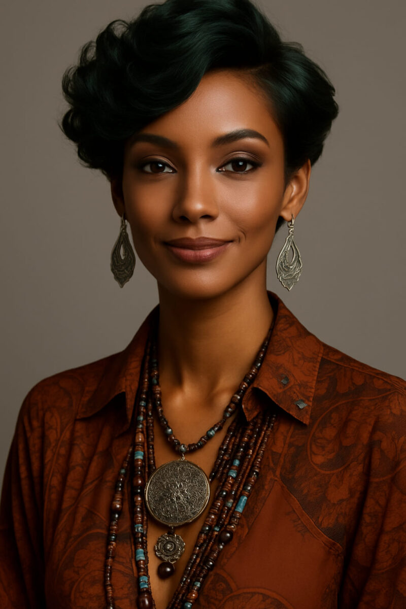Nyasha™ – Vert Émeraude Couture – Bob Bouclé Mi-Court – Cheveux Indiens