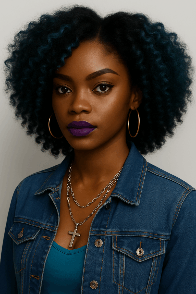 Saphira, NAYA ÉLÉGANCE – 13×4 Lace Frontal HD sans colle – Afro Volumineux Élégant Bleu Saphir Avec Reflets Profonds Et Dégradés Lumineux