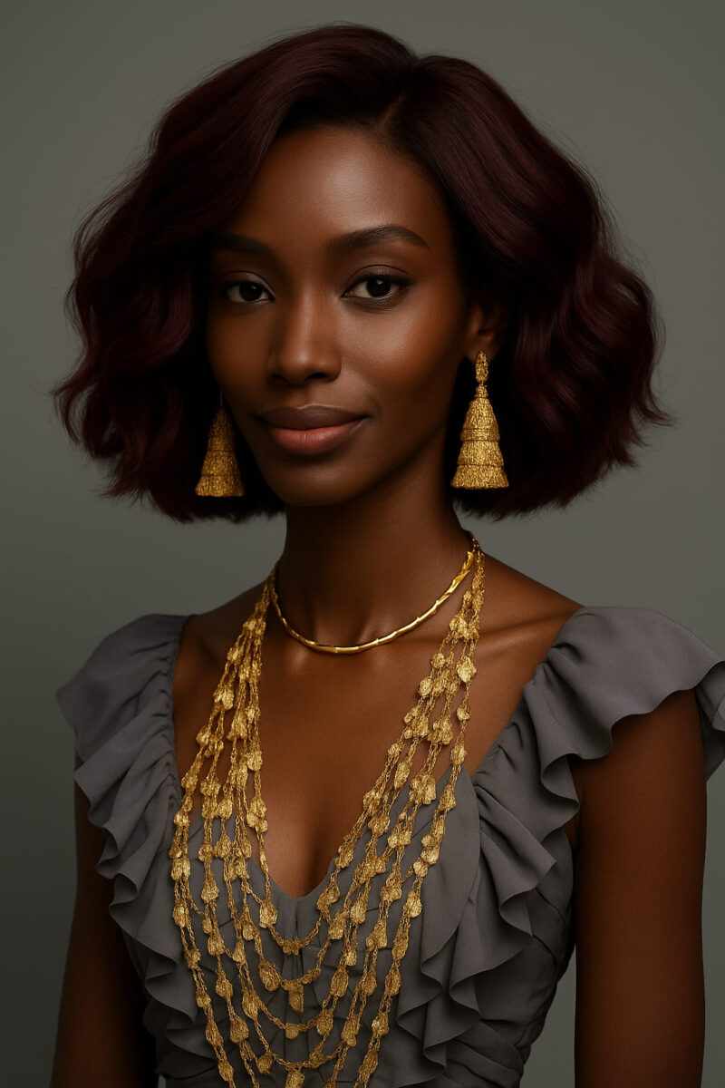 Ayira™ – Bordeaux Élégant – Carré Ondulé Mi-Court – Cheveux Indiens Bruts Premium