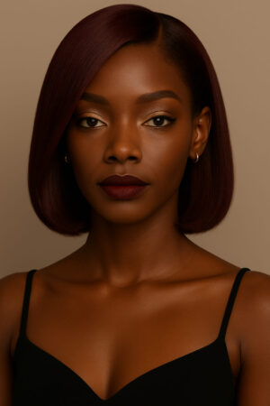 Cléa™ – Pourpre Yoruba™ – Carré Lisse Sculpté Moderne – 10″ – Rééquilibre les visages triangulaires inversés et ovales – Cheveux Naturels Indiens