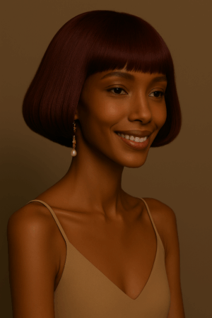 Naïra™ – Rouge Élégance™ – Carré Structuré avec Frange – 13×4 Lace Frontal HD Sans Colle – Cheveux Indiens Bruts Premium