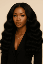 Neriah™ – Noir Absolu Élégant – Longue Ondulation Soyeuse – Affine et allonge les visages ronds – Meilleurs cheveux naturels indiens