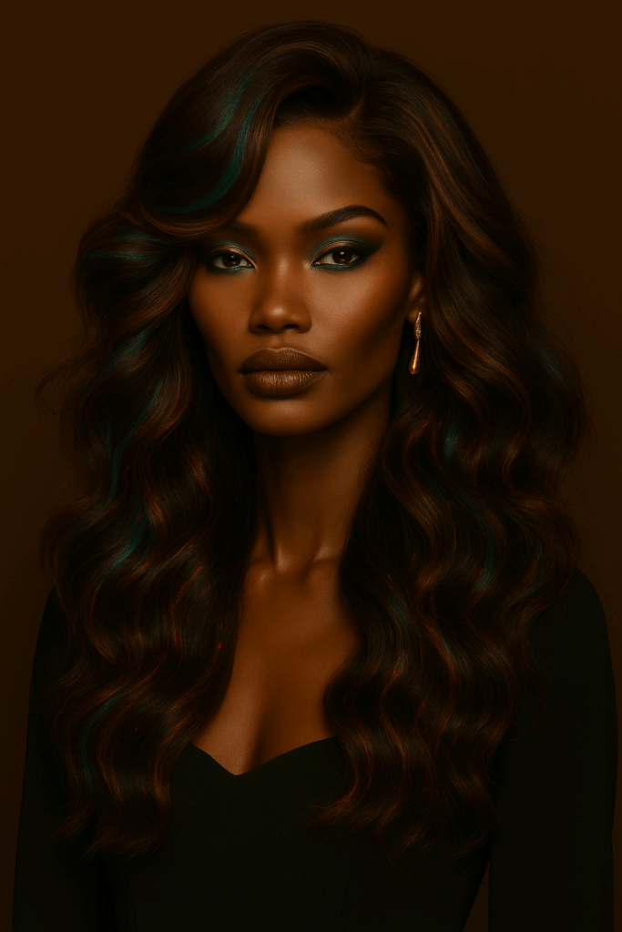 Majestueuse – Perruque premium en cheveux humains bruts – volume sculpté & reflets Brun Miel Fumé™ avec éclats Émeraude