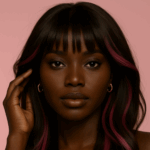 Nadira™ – Noir Profond & Rose Hibiscus™ – Longue Ondulation avec Frange – 13×4 Lace Frontal HD Sans Colle – Cheveux Indiens Bruts Premium