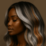 Élégante et magnétique, Abeni – Argent Cuivré™ fusionne la noblesse des mèches argentées et la chaleur du cuivre lumineux, sculptant un carré long ondulé qui sublime l’équilibre naturel du visage avec sophistication.