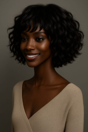 Ama™ – Carré Bouclé Élégant avec Frange Douce – Cheveux Indiens 100 % Remy Hair – Lace Frontal HD Sans Colle