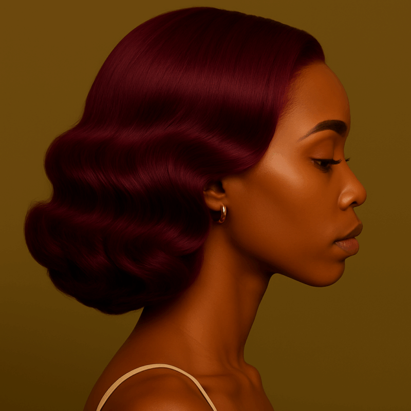 Amira™ – Rouge Kénia™ – Carré Ondulé Rétro Élégant – 13×4 Lace Frontal HD Sans Colle – Cheveux Indiens Bruts Premium