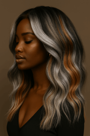 Élégante et magnétique, Abeni – Argent Cuivré™ fusionne la noblesse des mèches argentées et la chaleur du cuivre lumineux, sculptant un carré long ondulé qui sublime l’équilibre naturel du visage avec sophistication.