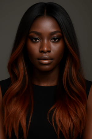 Ayoka – Cuivre Ombré Noir™ – Longue Ondulation Soyeuse – 13×4 Lace Frontal HD Sans Colle – Cheveux Indiens Bruts Premium