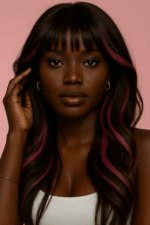 Nadira™ – Noir Profond & Rose Hibiscus™ – Longue Ondulation avec Frange – 13×4 Lace Frontal HD Sans Colle – Cheveux Indiens Bruts Premium