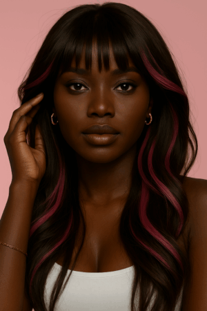 Nadira™ – Noir Profond & Rose Hibiscus™ – Longue Ondulation avec Frange – 13×4 Lace Frontal HD Sans Colle – Cheveux Indiens Bruts Premium