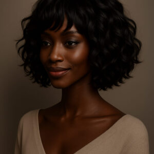 Ama™ – Carré Bouclé Élégant avec Frange Douce – Cheveux Indiens 100 % Remy Hair – Lace Frontal HD Sans Colle
