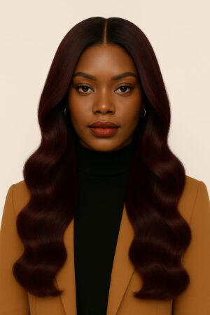 Dominante, Bordeaux Froid Impérial – Waves longues 22″ – Adoucit les visages carrés – Cheveux naturels indiens