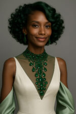 Nyasha™ – Vert Émeraude Couture – Bob Bouclé Mi-Court – Cheveux Indiens