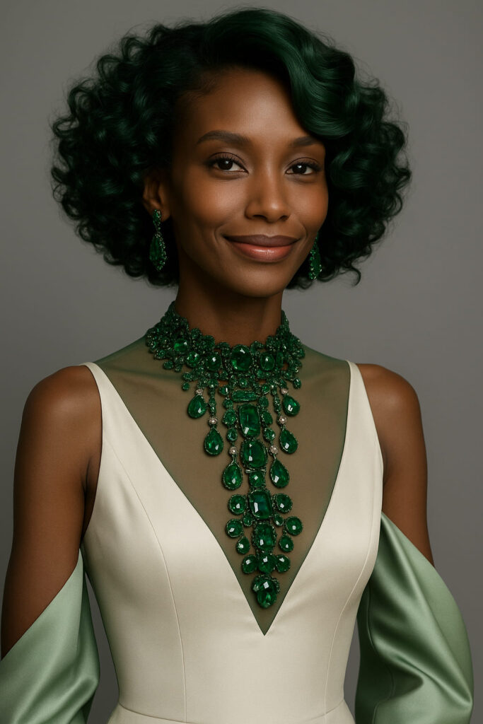 Nyasha™ – Vert Émeraude Couture – Bob Bouclé Mi-Court – Cheveux Indiens