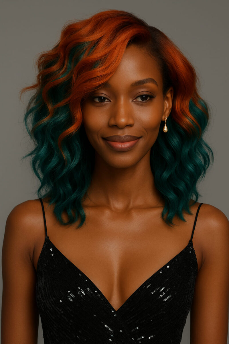 Morowa™ – Cuivre & Émeraude Audacieux – Lob Ondulé Bicolore – Cheveux Indiens Bruts Premium