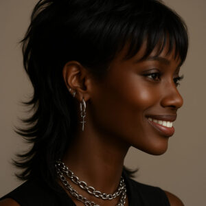 Taye™ – Noir Ébène Royal – Mullet Moderne avec Frange – Cheveux Indiens