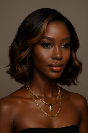 Marjani™ – Balayage Miel Rayonnant – Carré ondulé mi-court HD 12" – Adoucit les visages carrés – Cheveux naturels indiens