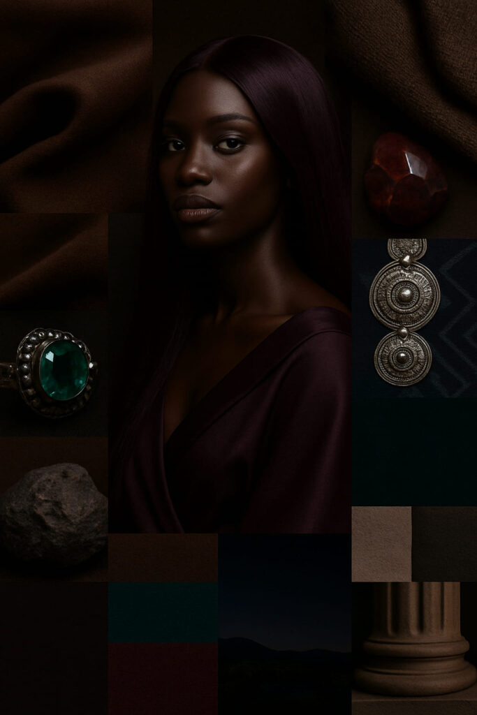 Une Queen de profil coloriùétrique ébène profond, sublimée pâr une coiffure de Safou Précieux™ — #4B284A