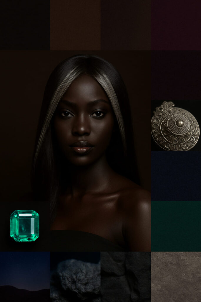 Une Queen de profil colorimétrique ébène profond, sublimée par une coiffure avec des mèches en Argent Massaï™ — #C0C0C0